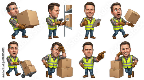 Warehouse Worker Series: A set of cartoon-style illustrations depict a warehouse worker in various work scenarios, conveying a range of emotions and actions in a distribution center environment. 