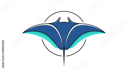 Stylized graphic illustration of a blue and teal manta ray swimming, viewed from above, within a simple circular outline.