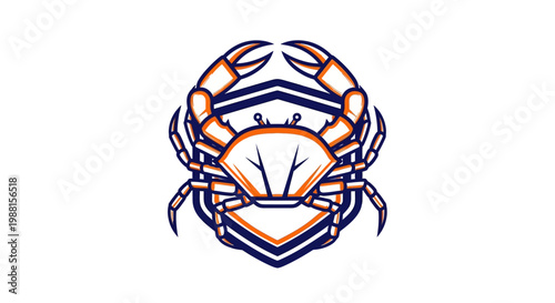 Stylized crab logo with a shield background in orange and blue, featuring a symmetrical and modern design.