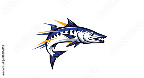 Stylized illustration of a barracuda fish with blue and white scales and yellow lightning bolt accents, depicting speed and power.