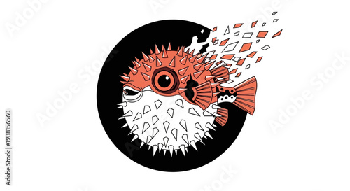 Stylized illustration of a pufferfish partially disintegrating into geometric fragments within a black circle on a white background.