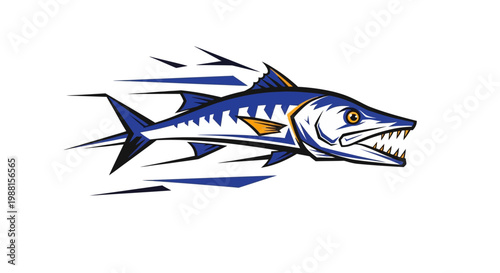 Dynamic illustration of a fast-moving blue and white barracuda with sharp teeth and speed lines, conveying speed and aggression.