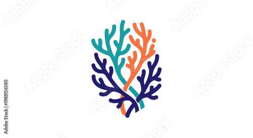 A stylized graphic illustration featuring three intertwined coral branches in teal, orange, and dark blue, symbolizing marine life and interconnected ecosystems.