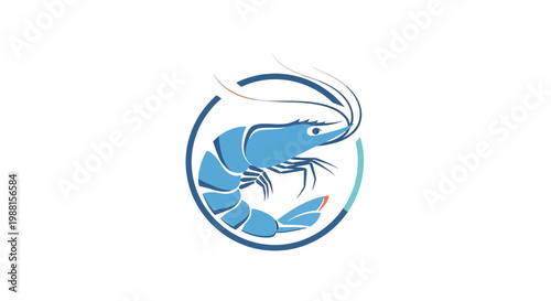 Stylized blue shrimp logo design within a circular frame, featuring a marine crustacean with long antennae, ideal for seafood brands or aquaculture.