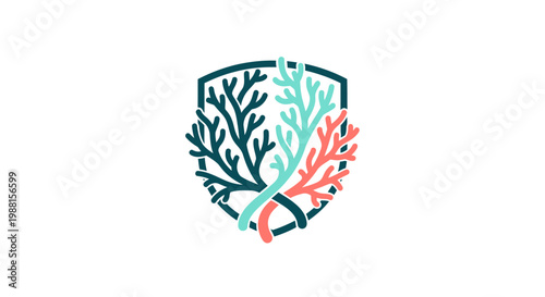A stylized shield logo featuring intertwined coral branches in dark teal, light teal, and coral colors, symbolizing protection and natural growth.