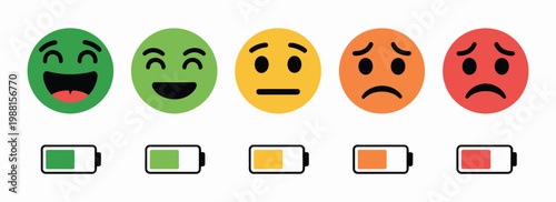 User experience review and rating vector set, featuring emotion faces, segmented satisfaction scale, and battery charge indicator from low to high in clean modern flat style for feedback systems 
