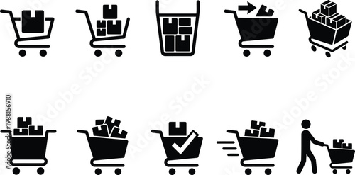 Set von Piktogrammen, die verschiedene Phasen des Einkaufens mit einem Einkaufswagen darstellen.
