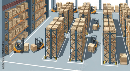 Warehouse interior with forklifts and stacked boxes on shelves.