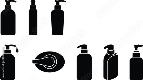 Eine Sammlung von schwarzen Silhouetten von Seifenspendern, Lotionsflaschen und einem Seifenstück.