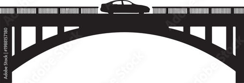 Black silhouette bridge, car on bridge, arch bridge, road transport, vector graphic