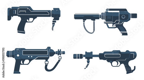 Four stylized futuristic weapon designs in shades of blue, all against a white background