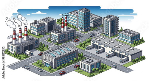 Industrial city landscape with factories and office buildings.