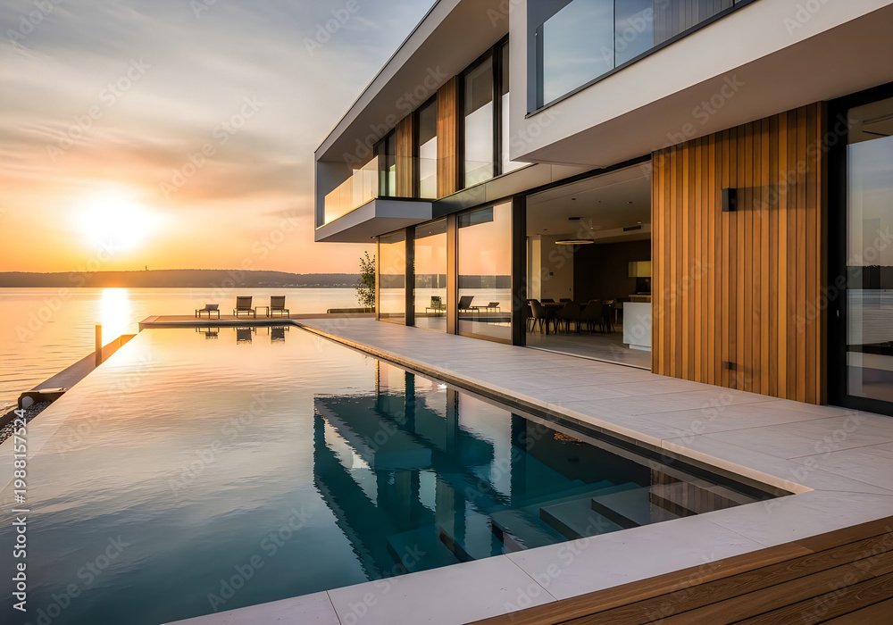 Fototapeta premium A modern house with a large pool overlooking the ocean at sunset