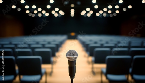 Microphone on Stage in a Dimly Lit Conference Hall