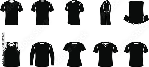 Kollektion von schwarzen T-Shirt-Vorlagen und Oberteilen in verschiedenen Stilen und Ansichten als Vektor-Illustration.