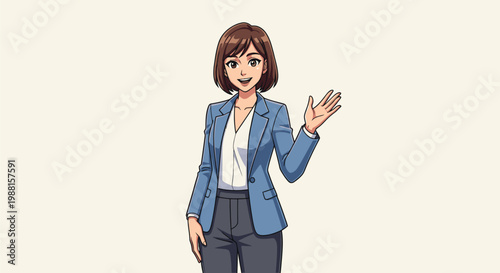 Businesswoman Cartoon Character Waving Hand Gesture.