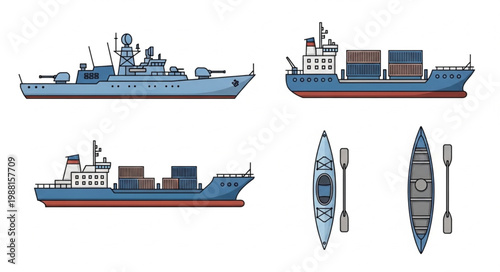 Collection of various watercraft including a warship cargo ship and kayaks.