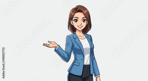 Cartoon Businesswoman Gesturing with Open Hand.