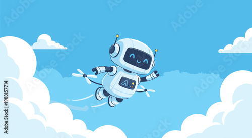 Cartoon Robot Flying Through Cloudy Sky 7.