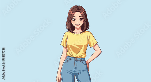 Young Woman Standing in Yellow Shirt and Jeans.