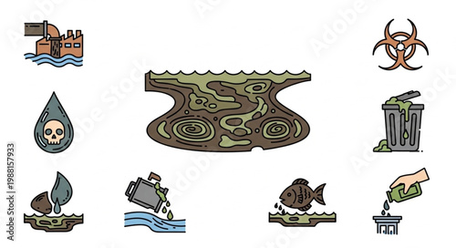 Environmental pollution icons collection representing industrial waste and toxic substances.