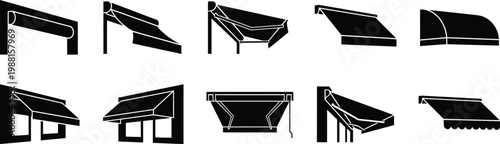 Sammlung von schwarzen Silhouetten verschiedener Markisen und Vordächer.