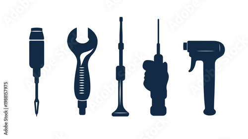 Silhouetted tools on a white background screwdriver, wrench, a tool, a handheld tool, and sprayer