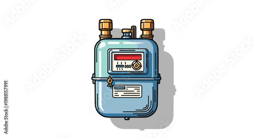 Blue gas meter utility illustration with analog dial and brass fittings