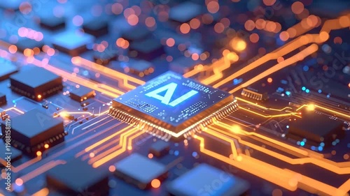 Close-up of a glowing AI microchip on a blue circuit board with electronic components