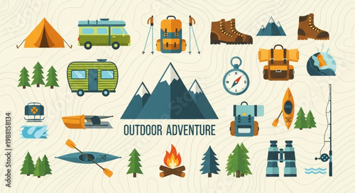 Collection of Outdoor Adventure and Camping Gear Icons.