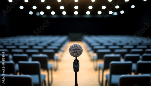 Microphone on Stage in a Dimly Lit Conference Hall