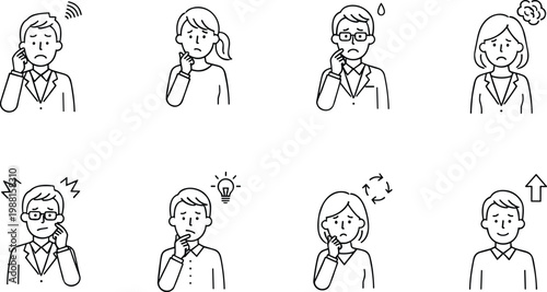 Set of minimalist business character avatars showing emotions stress and problem solving icons for professional development and workplace wellness vector.