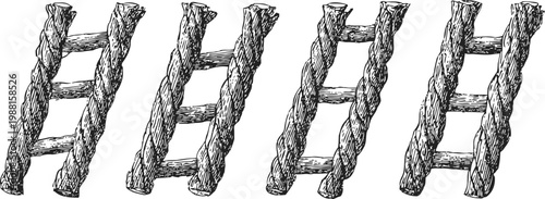 four rustic wooden ladders with textured bark, hand drawn vintage illustrations