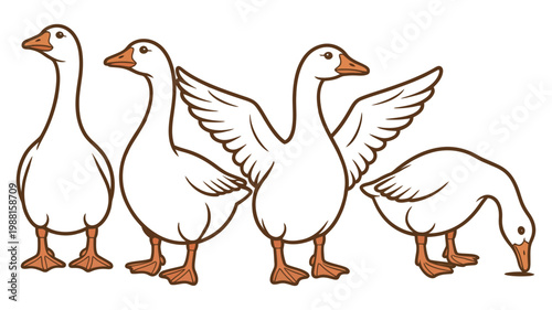 Cute cartoon geese set in various poses, adorable vector bird characters for kids illustration, nursery artwork, greeting cards, stickers, and playful animal design elements.