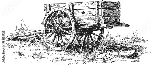 Old wooden cart with large spoked wheels, rustic farm transport vehicle illustration