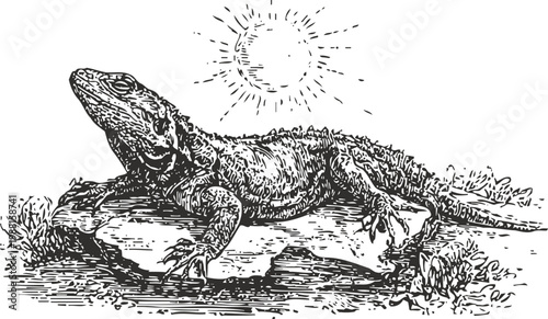 Detailed black and white engraving of a lizard basking on a rock under the sun