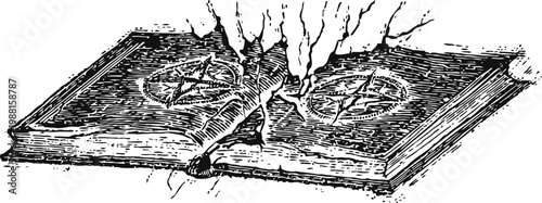 open magical spellbook with glowing pentagrams and crackling energy rays in dark fantasy