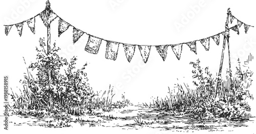 Hand drawn vintage outdoor scene with decorative triangular flags hanging on string