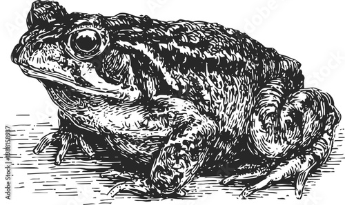 Detailed black and white illustration of a frog sitting on the ground, realistic amphibian drawing
