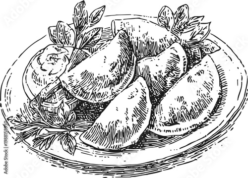 hand drawn illustration of empanadas on a plate with herbs and dipping sauce, vintage food sketch