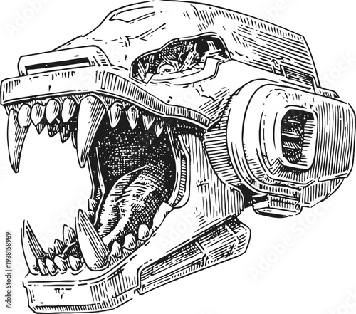 Mechanical animal skull with sharp teeth and helmet details futuristic robotic beast head illustration