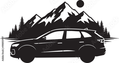 Black silhouette car, mountain landscape, travel vector icon, adventure symbol