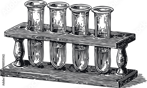 Vintage test tubes in wooden rack detailed black and white engraving illustration laboratory equipment
