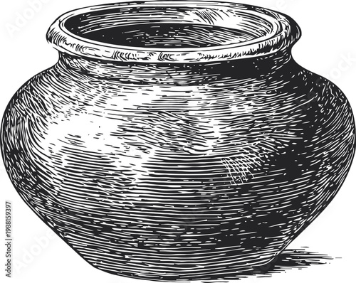 Antique clay pot illustration hand drawn old ceramic jar with rounded body and open mouth