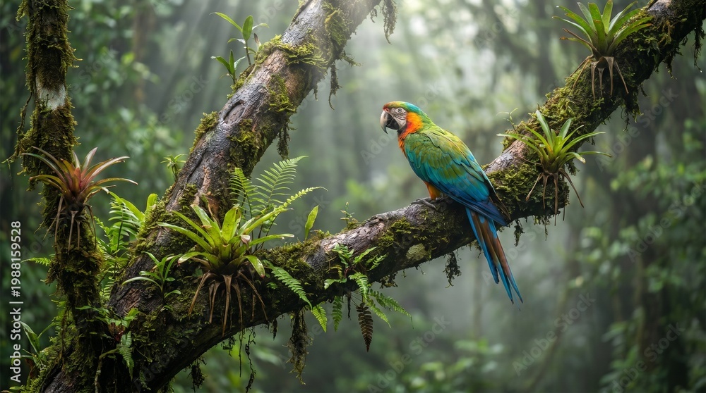 Fototapeta premium Colorful Tropical Bird Sitting on Mossy Branch in Rainforest