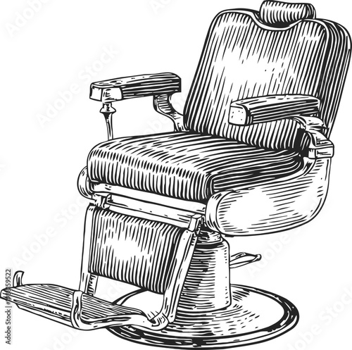 Classic barber chair vintage design with cushioned seat and footrest engraving