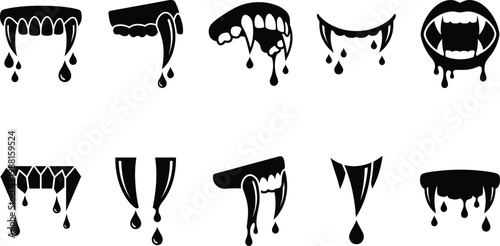 Sammlung von zehn schwarzen Vampirzahn-Symbolen mit tropfendem Blut.