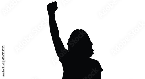 Empowered woman raising fist in black silhouette, symbolizing strength and feminism against a clean white background