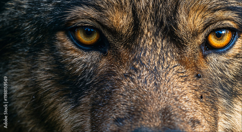 Gray wolf intense eye close up with amber piercing gaze