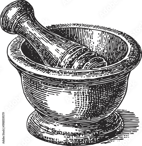 Vintage engraving of a wooden mortar and pestle for grinding and crushing herbs and spices